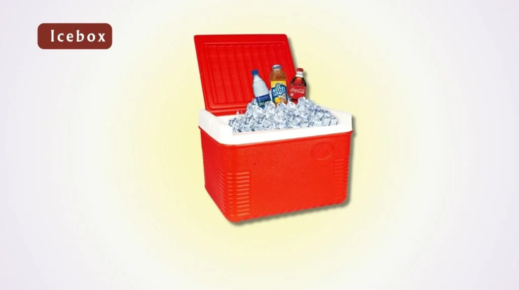 An insulated icebox for storing large amounts of ice.
