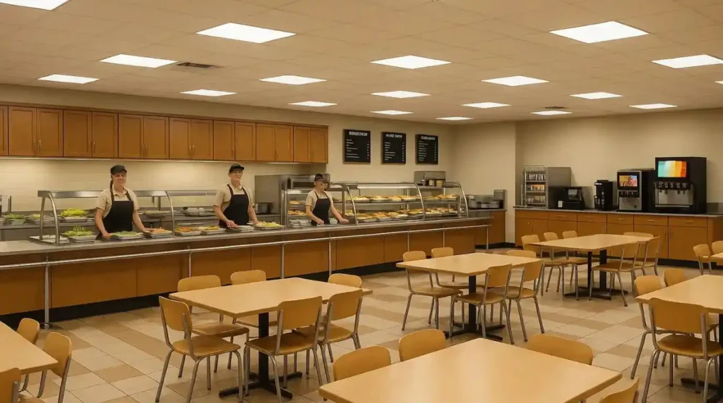 Spacious cafeteria interior with self-service counters, multiple food stations offering hot and cold meals, high customer flow, simple long tables, bright lighting, and a practical, fast-paced atmosphere.