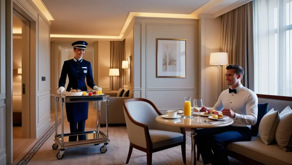 Elegant hotel room with soft lighting and modern decor, where a uniformed staff member delivers breakfast on a silver trolley to a guest dining alone at a neatly set table, in a cozy, private atmosphere.