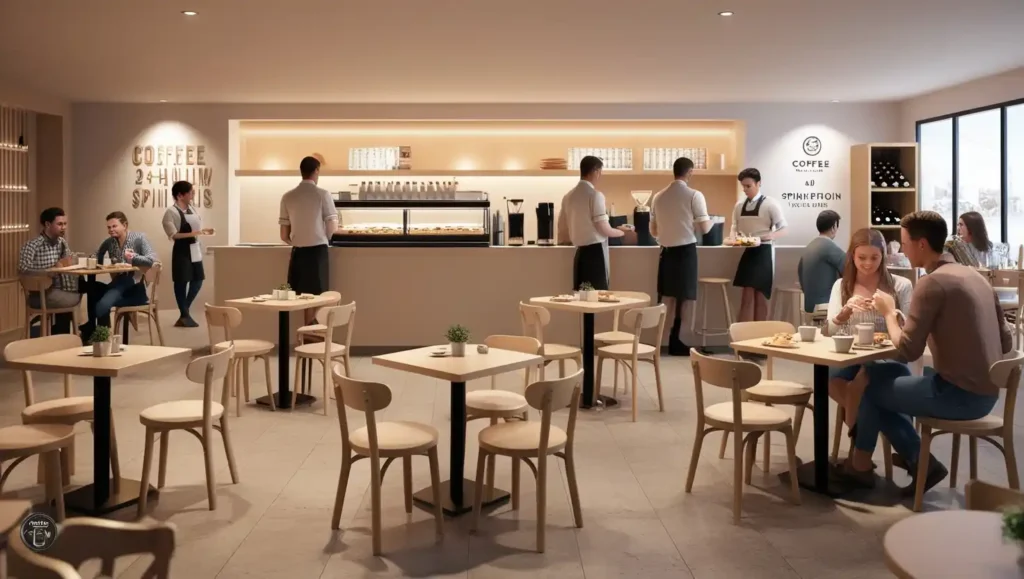 Modern 24-hour coffee shop interior with cozy seating, pastry counter, baristas preparing coffee, soft ambient lighting, minimalist warm-toned decor, and casual dining atmosphere.