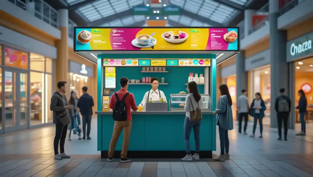 Compact modern food kiosk in a busy mall or park with colorful signage, a staff member serving coffee and snacks, and customers casually ordering in a bright, fast-paced takeaway setting.