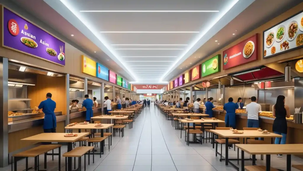 Spacious modern food court in a shopping mall with multiple cuisine stalls, bright signage, clean counters, staff in casual uniforms, and organized wooden seating in a lively, family-friendly atmosphere.