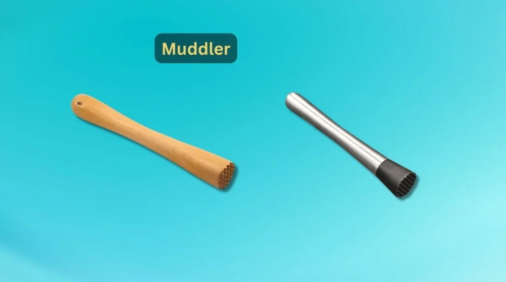 A wooden and steel muddler used for crushing herbs and fruits in cocktails
