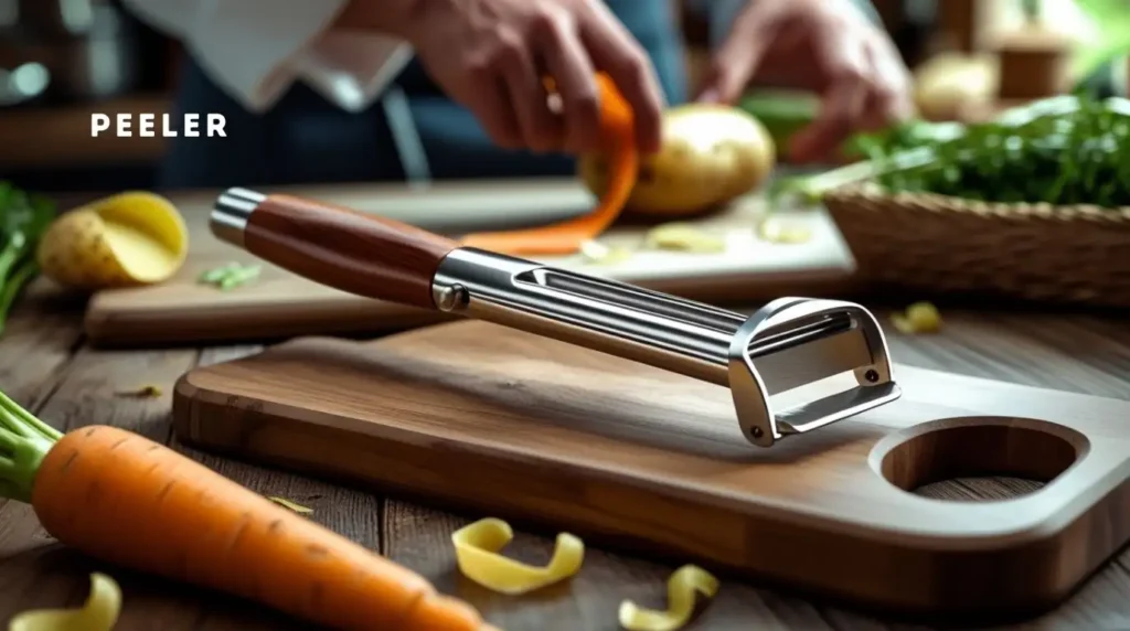 A handheld peeler used for peeling citrus fruits and garnishes