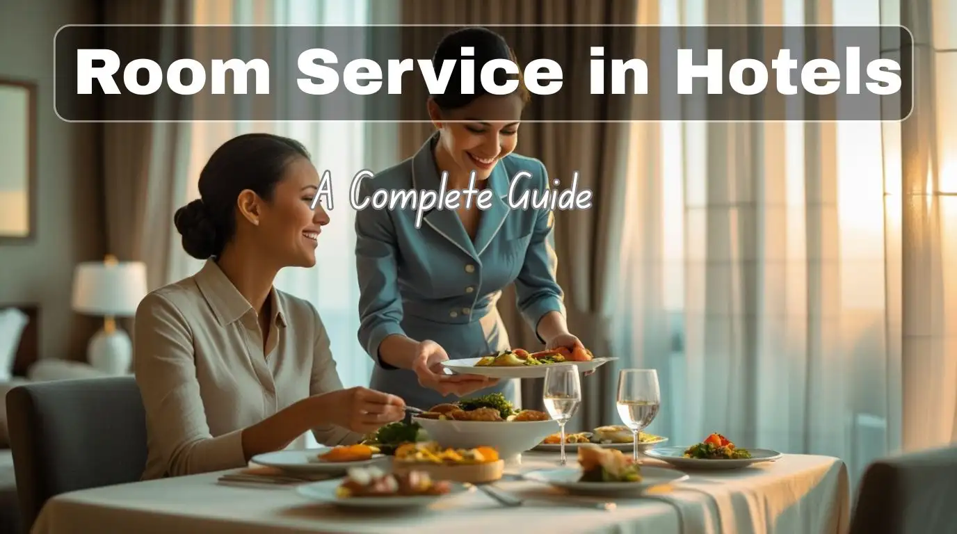 Guest sitting at a dining table in a hotel room receiving food from a waitress as part of room service