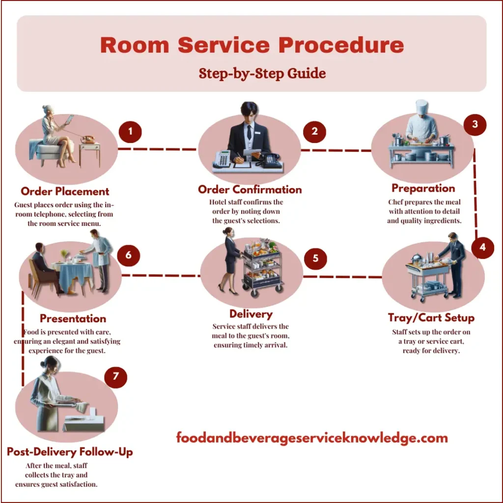 Infographic showing step-by-step room service procedure in hotels, including order placement, confirmation, preparation, delivery, and follow-up