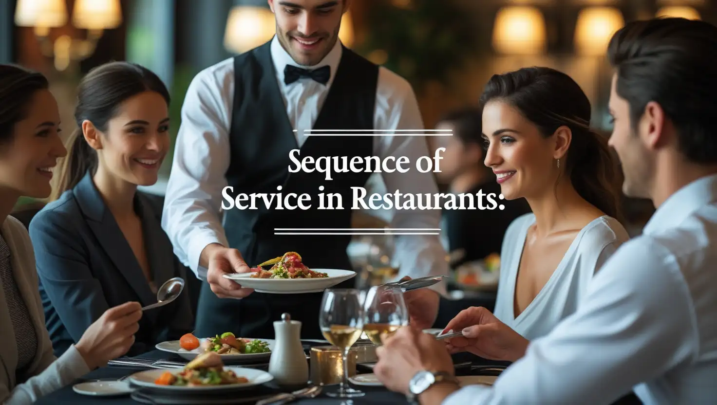 Sequence of Service in Restaurants: Fine dining waiter serving guests with elegant table setting and food in a professional restaurant setting."