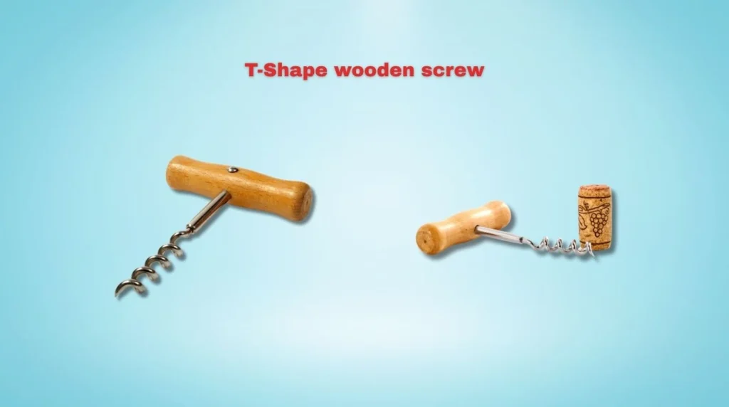 A T-shaped wooden corkscrew for manually extracting wine corks.