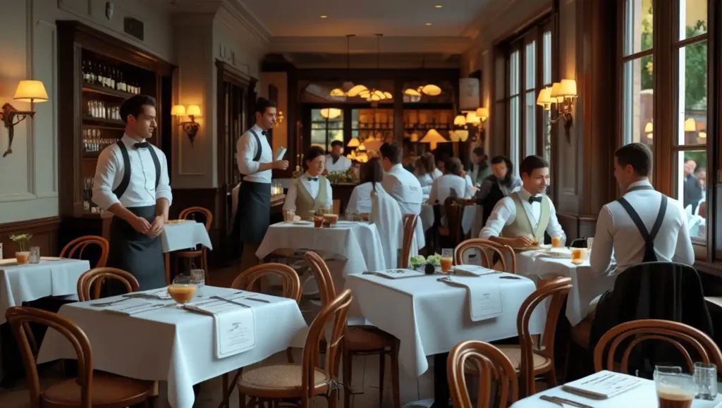 Stylish brasserie interior with elegant wooden furniture, crisp white linen tablecloths, warm lighting, traditional uniformed waitstaff, and subtle French decor.