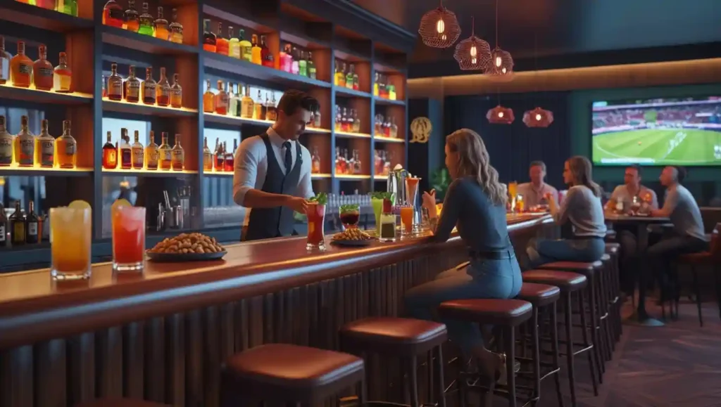 Stylish indoor bar with a polished wooden counter, bartender preparing cocktails, illuminated liquor shelves, guests on high stools enjoying drinks and light snacks in a relaxed, cozy atmosphere.