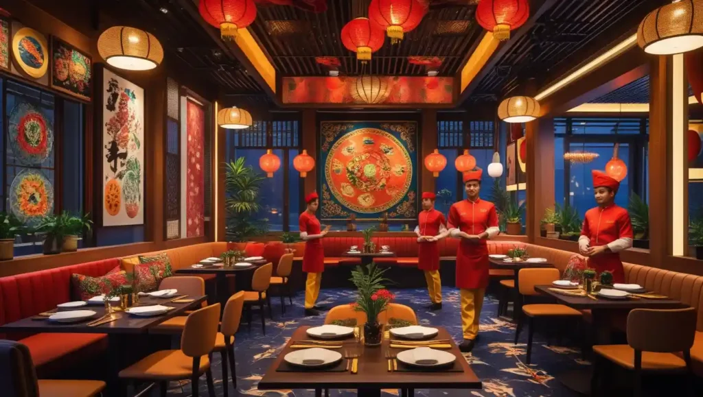 Stylish specialty restaurant interior themed around world cuisines with authentic cultural decor, unique furniture, warm lighting, and attentive staff in traditional uniforms.