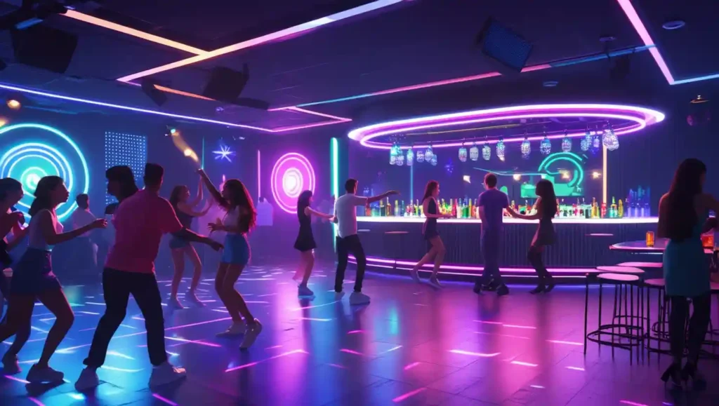 Vibrant discotheque nightclub with colorful flashing lights, energetic dancers, neon-lit DJ booth, bartenders serving cocktails, and a lively high-energy atmosphere.