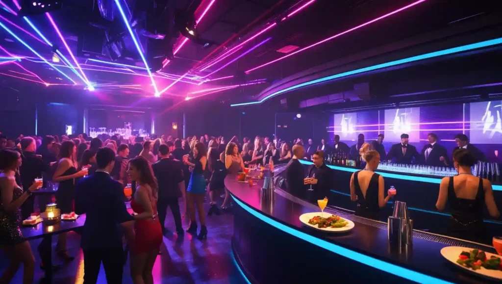 Vibrant nightclub interior with crowded dancefloor, colorful laser lights, sleek modern bar, stylish guests socializing, live DJ booth with LED screens, and neon-accented moody lighting.