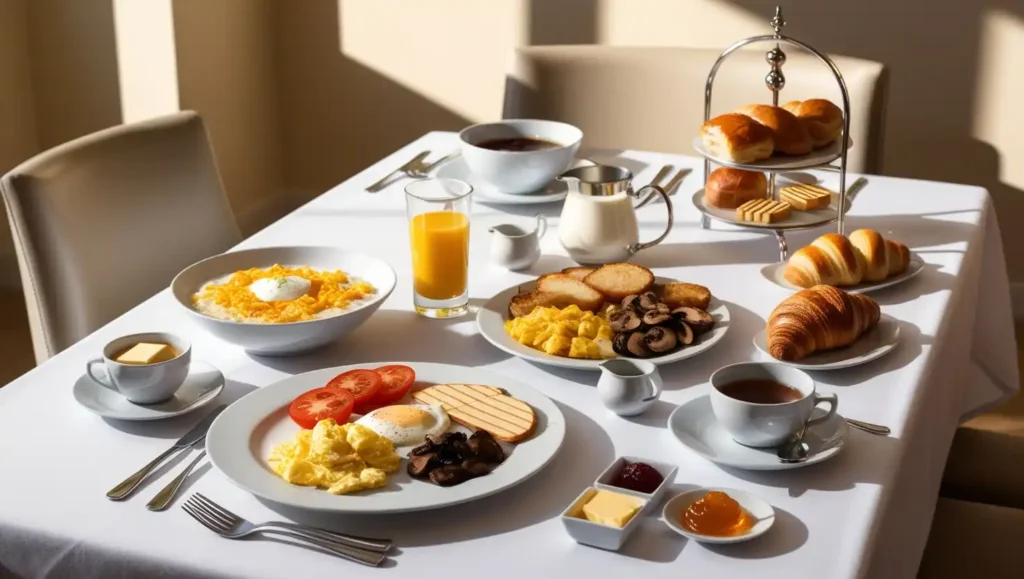 Hearty American breakfast with eggs, hash browns, , toast, cereal, and juice served in an upscale hotel dining room