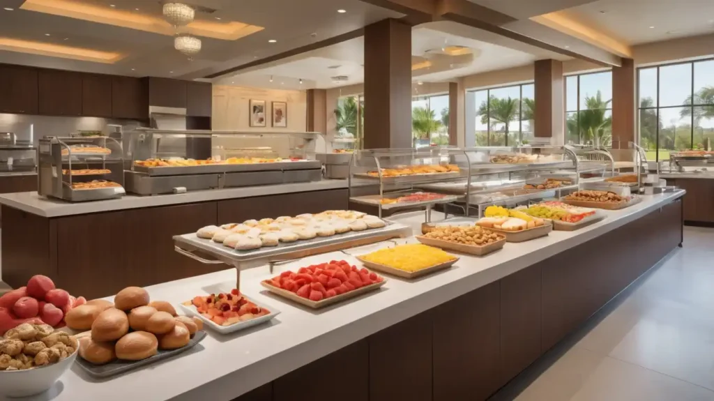 Hotel buffet breakfast with a variety of fruits, pastries, hot dishes, cereals, and live cooking stations in a modern international dining area
