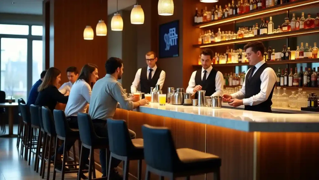 Photorealistic image of a central hotel bar with bartenders serving drinks to guests in a stylish, welcoming setting.