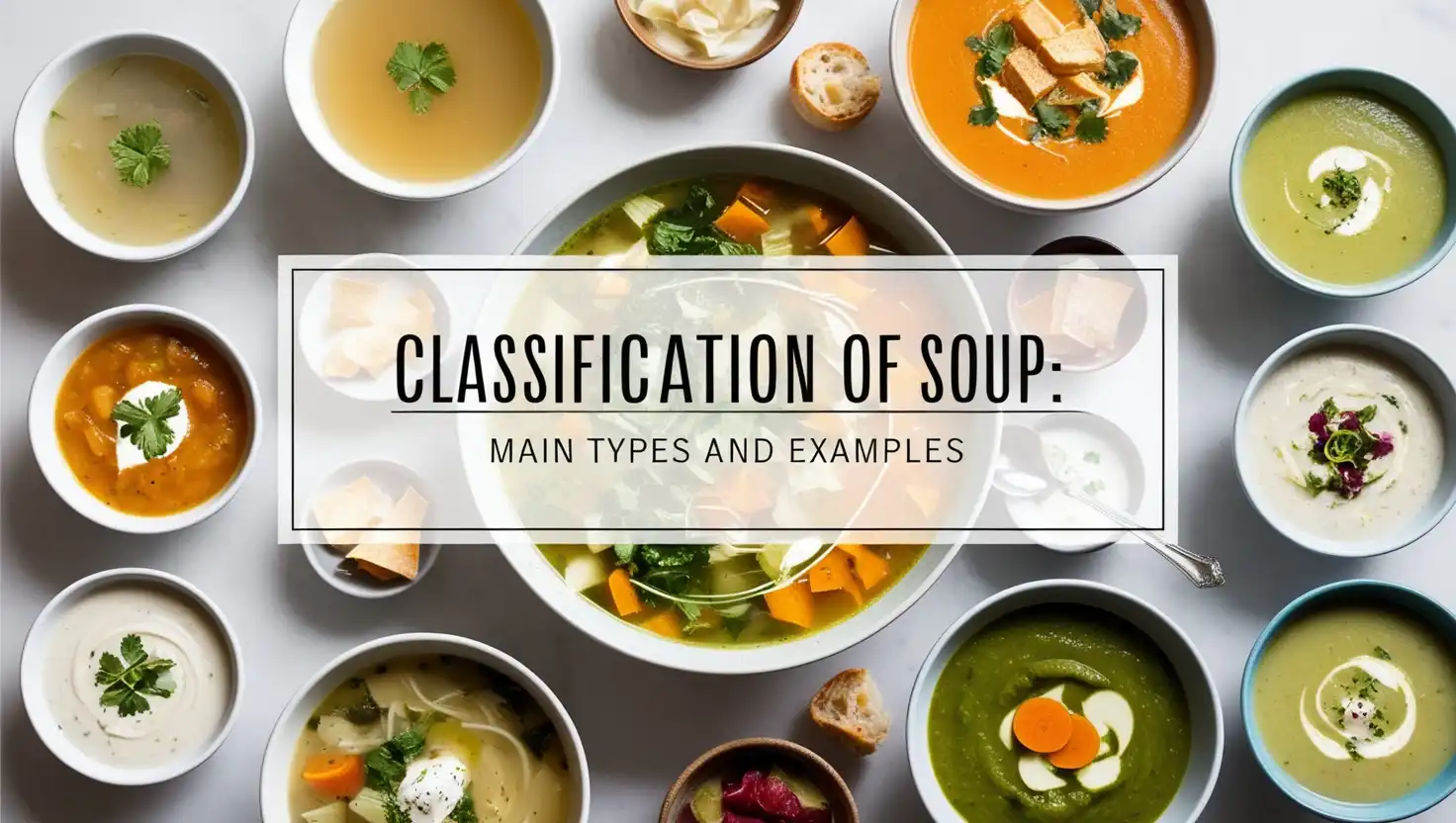 “Classification of Soup: Main Types and Examples – featuring various soup types like thin soups, thick soups, and cold soups with a stylish background.”