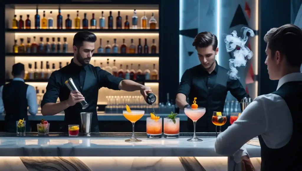 Modern cocktail bar with bartenders performing mixology and creative drink presentation.