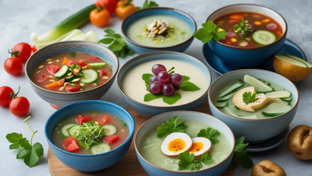 A selection of refreshing cold soups for summer including Gazpacho, Ajoblanco, Vichyssoise, Naengmyeon, and Okroshka served in chilled bowls
