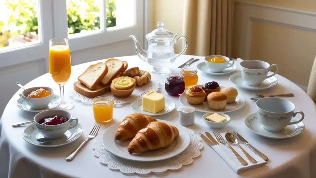 Continental breakfast table with pastries, toast, orange juice, preserves, and tea set in a cozy European hotel setting
