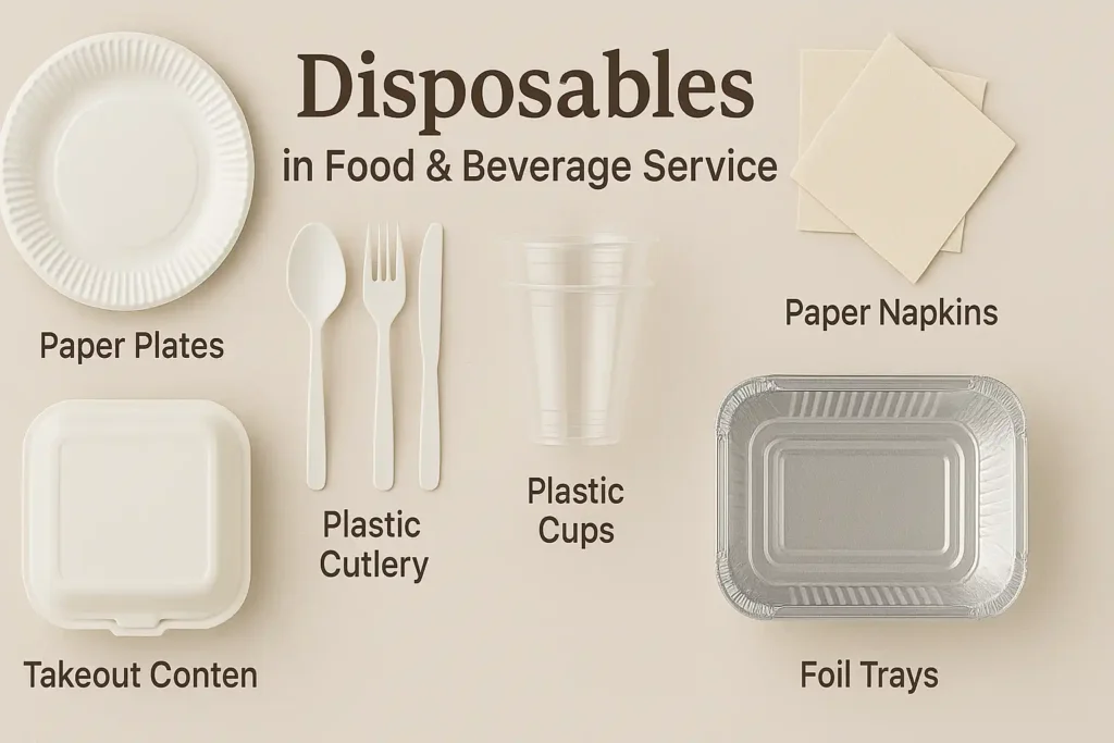 Flat lay image showing various disposables used in food and beverage service, including paper cups, plastic cutlery, napkins, straws, takeaway boxes, and disposable plates, arranged neatly against a clean background