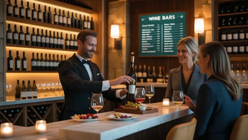 “Upscale wine bar with curated wine selection, sommelier service, and guests enjoying tastings in an elegant setting.