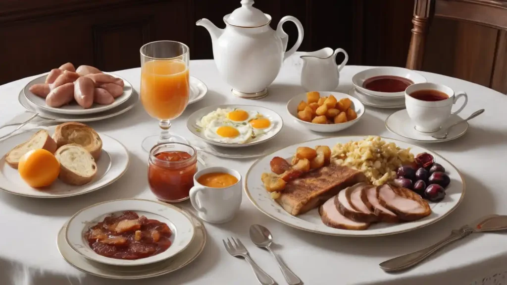 Traditional full English breakfast with eggs, sausages, bacon, mushrooms, stewed fruits, toast, and juice served in a British hotel dining room