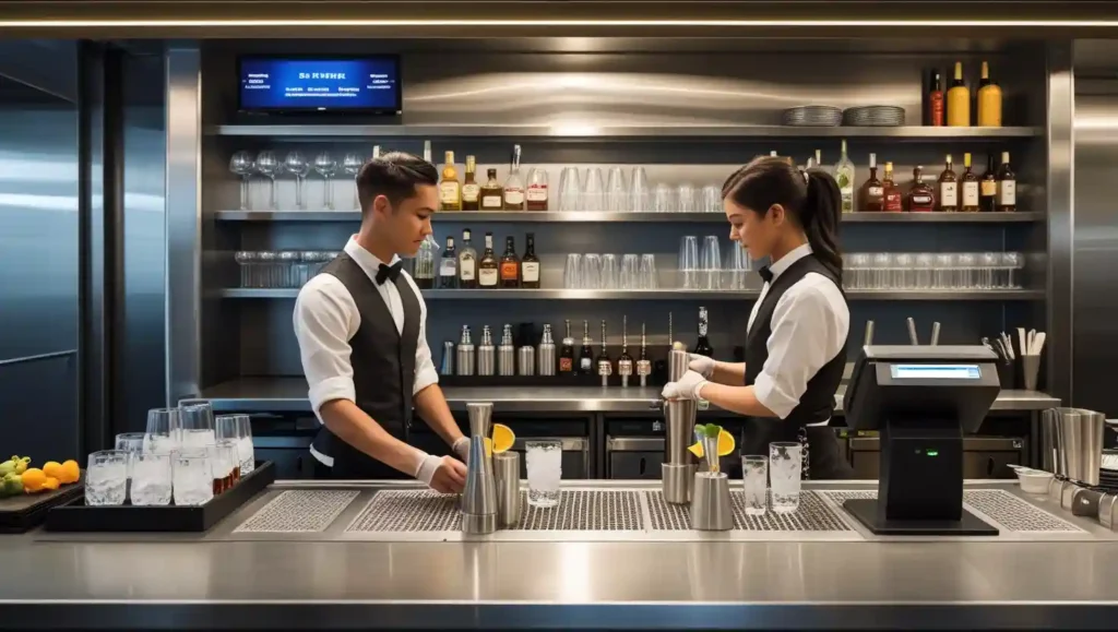 Photorealistic image of a hotel service bar with staff preparing drinks in an organized back-of-house area.