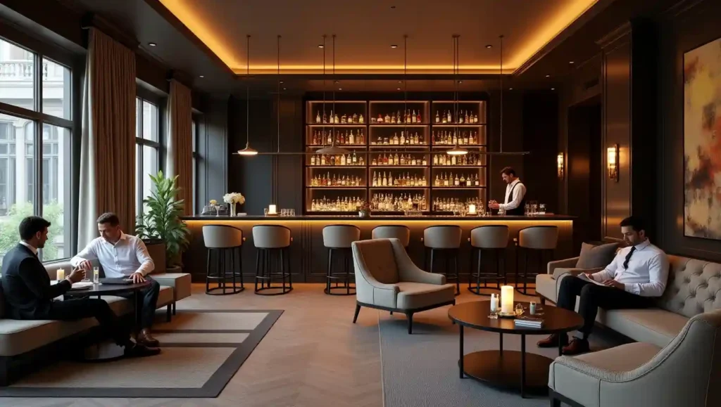 Photorealistic lounge or saloon bar scene with plush seating, ambient lighting, and hotel staff offering personalized service to relaxed guests.