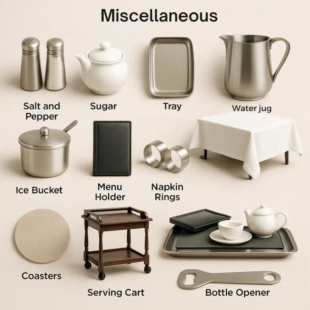 Infographic showing miscellaneous items used in food and beverage service, including service trays, underplates, condiment holders, candle holders, menu cards, flower vases, and table numbers, arranged neatly for restaurant use.