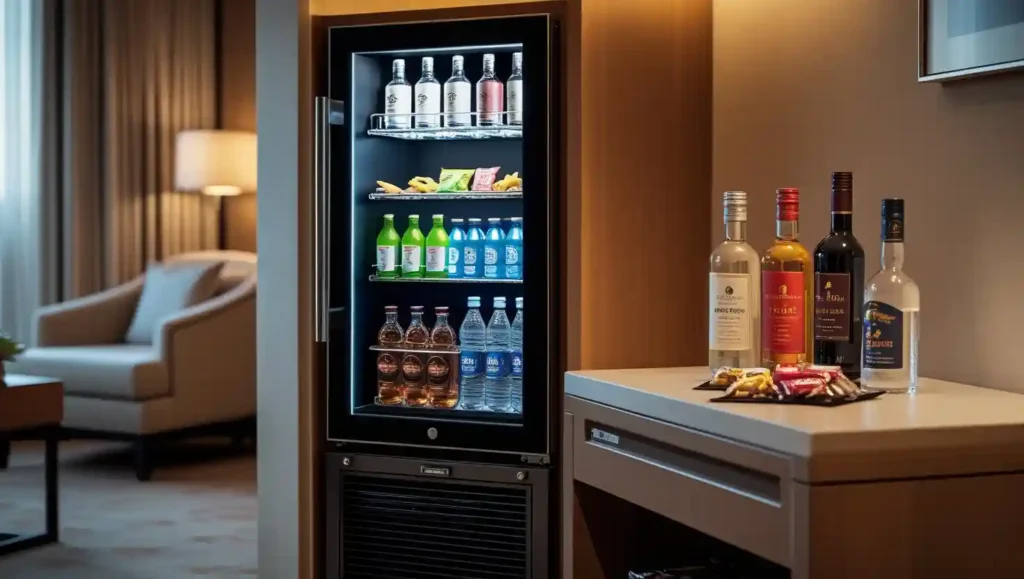 Photorealistic image of a hotel room minibar stocked with drinks and snacks, offering in-room convenience.”
