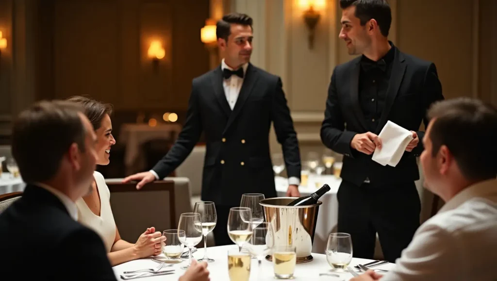 Waiter monitoring wine glasses and refilling discreetly during a meal.