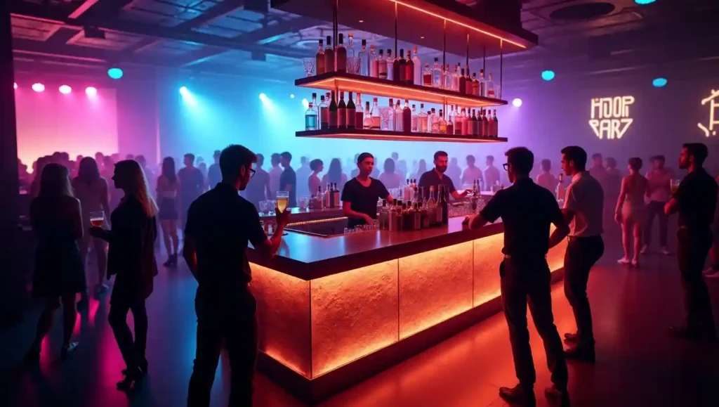 High-energy nightclub bar with bartenders serving drinks amid music, dancing, and vibrant lighting.”