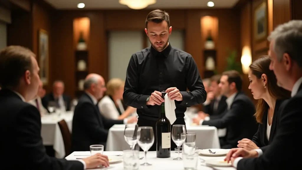 Sommelier opening a wine bottle using a corkscrew in front of seated guests.