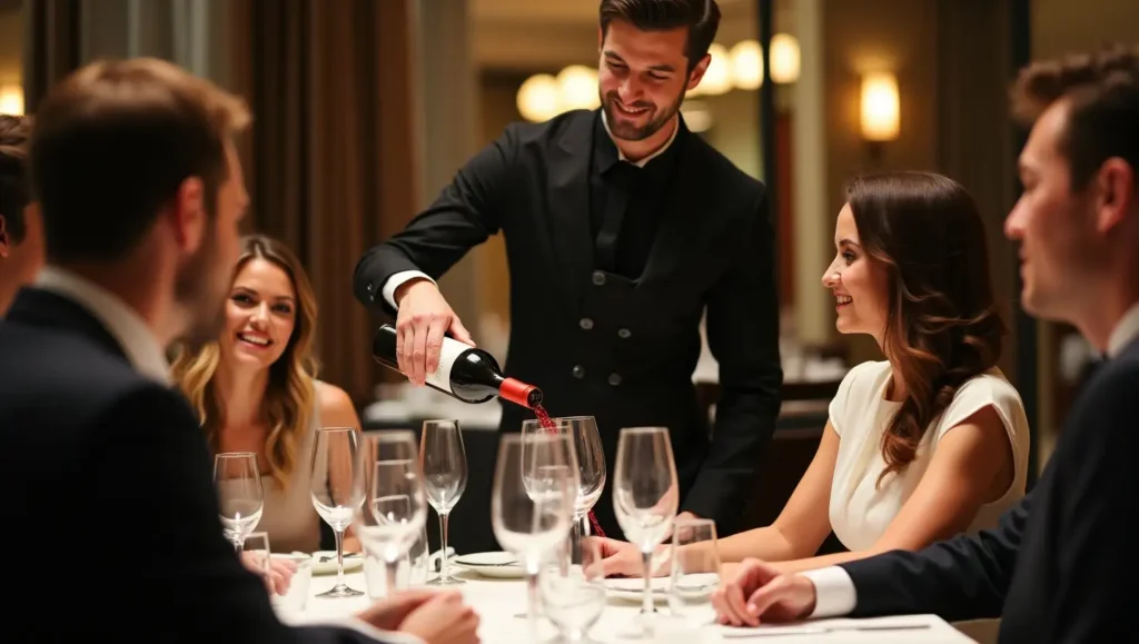 Sommelier pouring wine for a lady guest at a restaurant table.