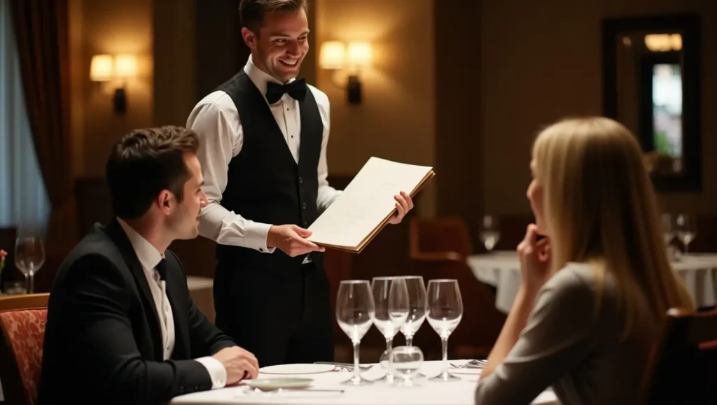 Sommelier presenting a wine list to a guest at a fine dining restaurant.