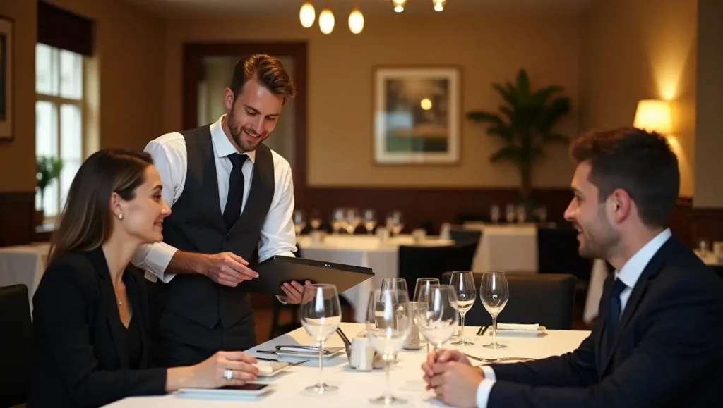 Waiter confirming a wine order with a couple at a restaurant table.