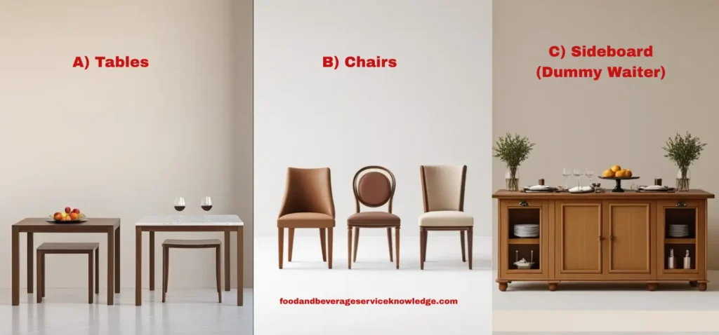 Split-screen image showing key restaurant furniture: left section with four types of dining tables (wooden, glass, marble, laminate); middle section with five types of dining chairs (wooden, metal, upholstered, banquet, high chair); right section with a restaurant sideboard (dummy waiter) stocked with plates, cutlery, glasses, napkins, and condiments.