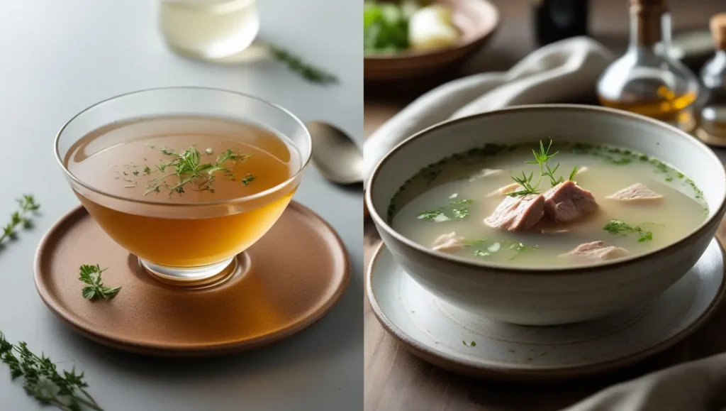 An elegant bowl of passed thin soup (strained consommé) and a rustic bowl of unpassed thin soup with solids like vegetables and meat, showcasing two types of thin soups