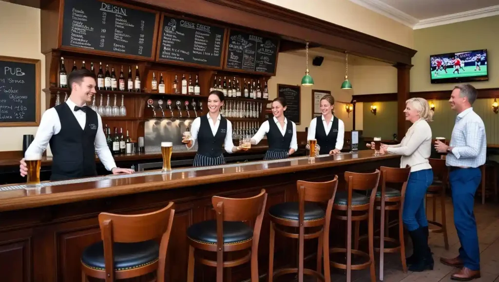 Photorealistic image of a traditional public bar with hotel-trained staff and guests enjoying drinks in a casual, community-centered setting