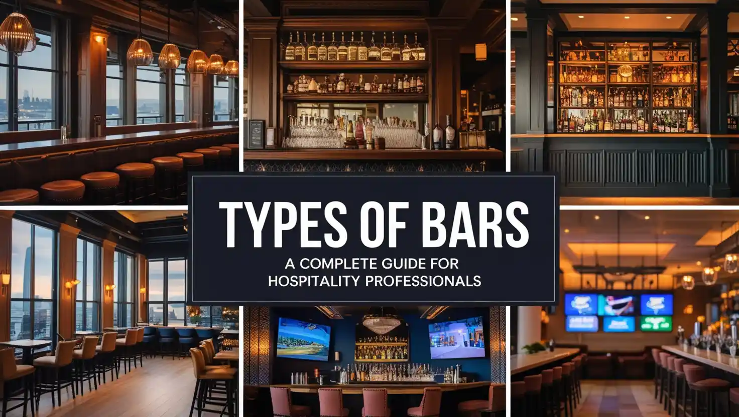 Illustration showing different types of bars including rooftop bar, cocktail bar, wine bar, and pub, designed for hospitality professionals.