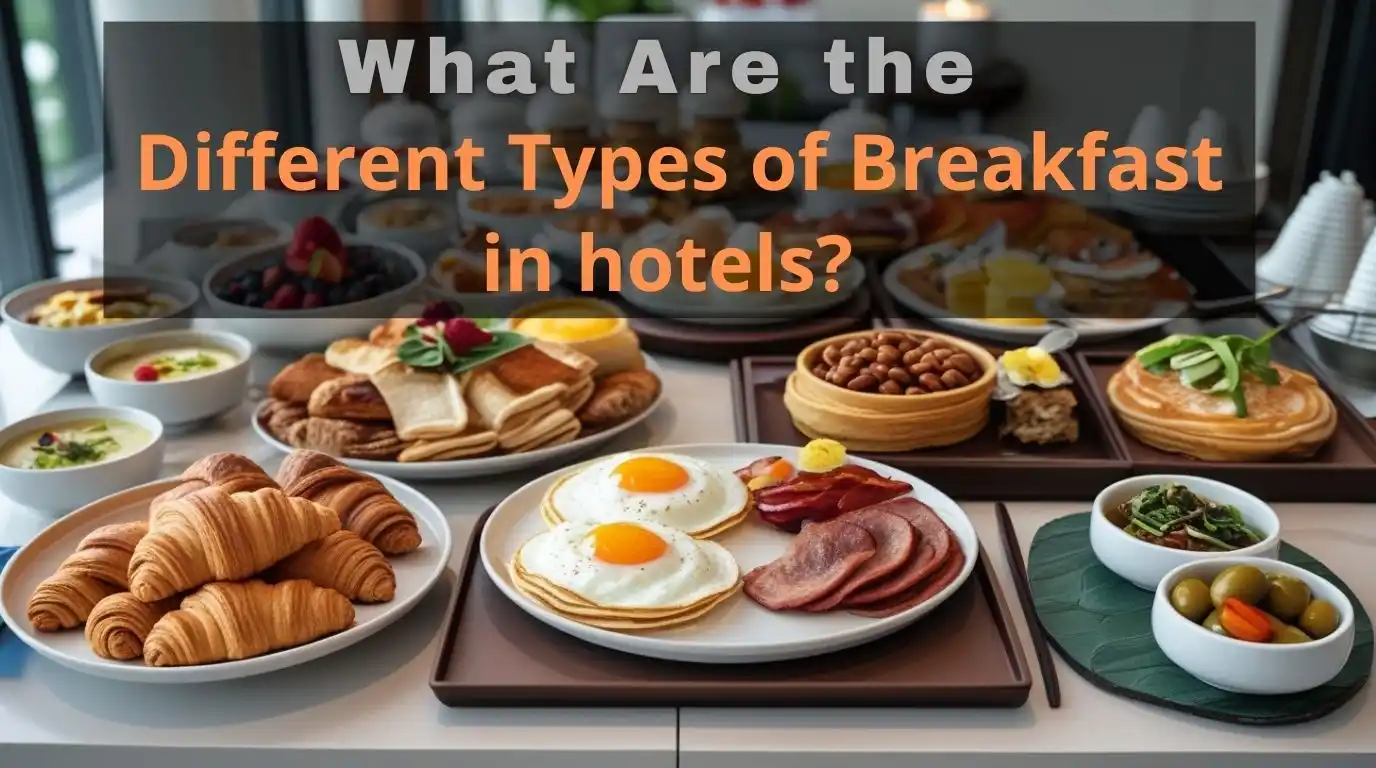 A diverse hotel breakfast spread showing continental, American, English, and regional breakfast items from around the world, arranged on an elegant buffet table.