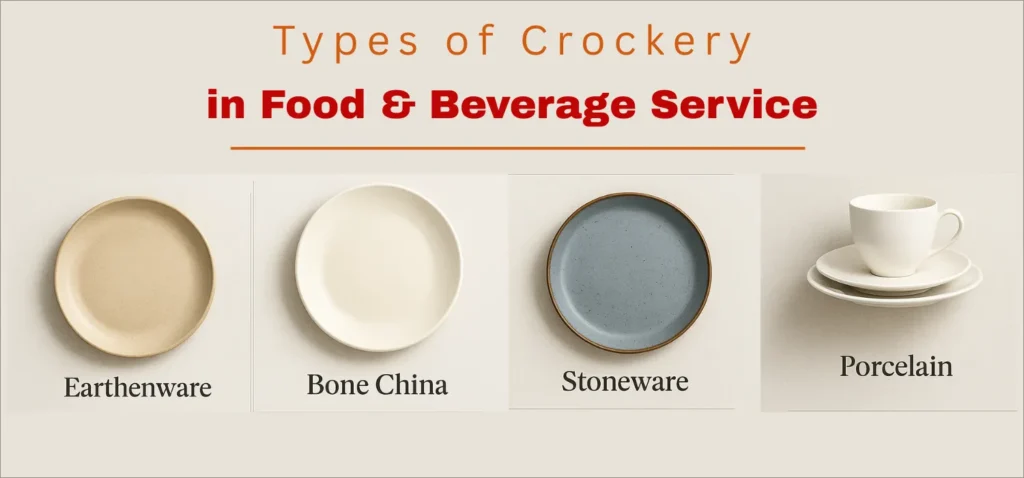 Illustration of different types of crockery used in food and beverage service, including earthenware, bone china, porcelain, and stoneware, each shown with labeled examples and descriptions.