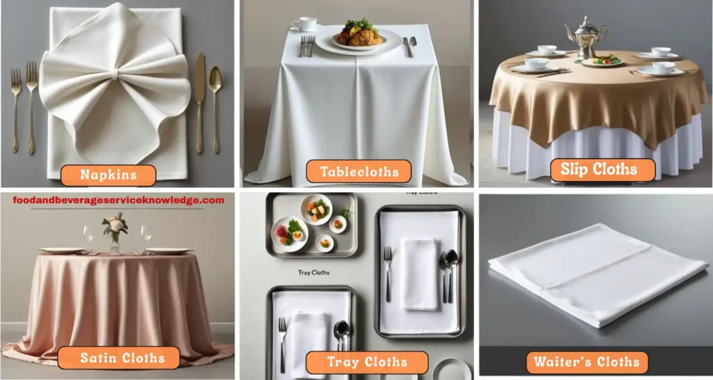 Infographic displaying types of linen used in food and beverage service: tablecloths on a formal dining table, folded napkins on a dinner plate, slip cloth peeking under a tablecloth, tray cloth covering a serving tray, , satin cloth draped on a banquet table, and .” waiter colth