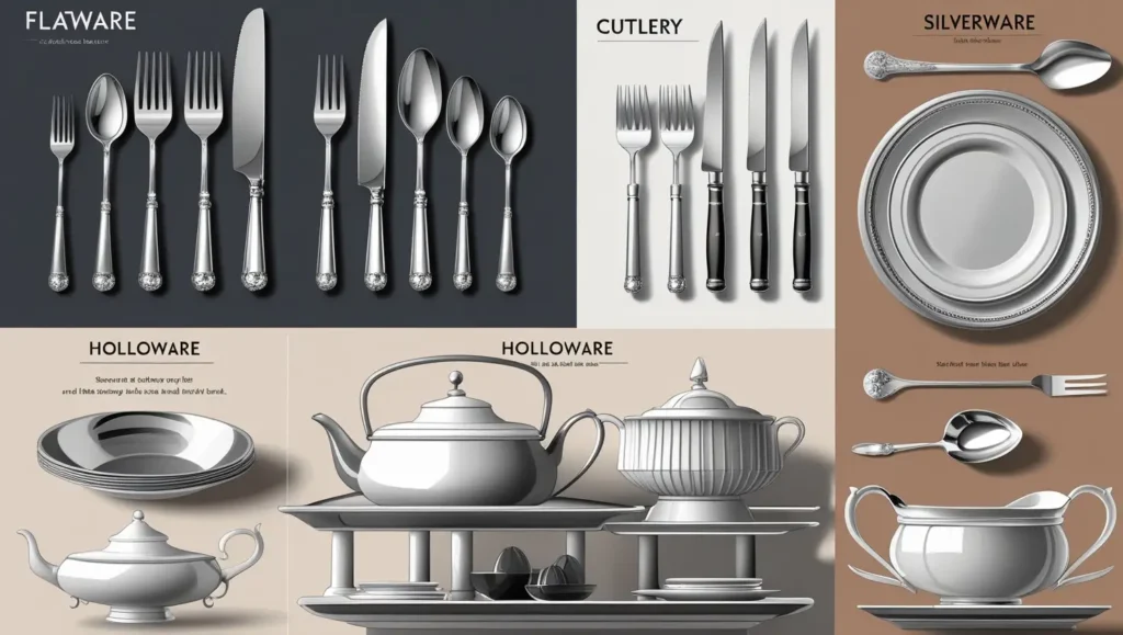 Educational infographic showing types of tableware in food and beverage service, including flatware (forks, knives, spoons), cutlery (chef’s knife, steak knife, paring knife), hollowware (teapot, serving bowl, gravy boat), and silverware (silver tray, silver spoon, silver ladle), all arranged in neatly labeled sections.