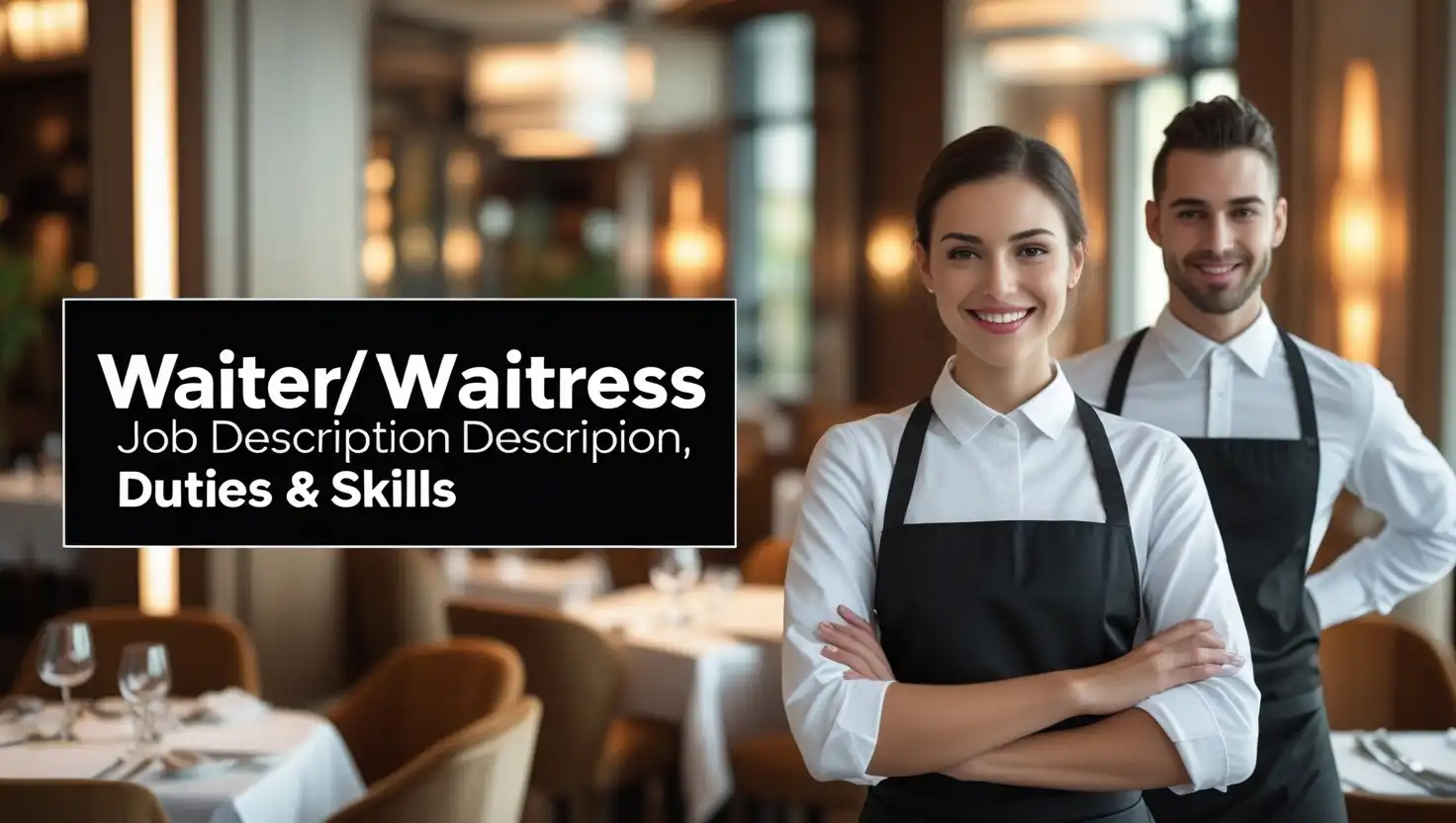 Professional waiter and waitress in uniform standing in a modern restaurant — representing job description, duties, and skills