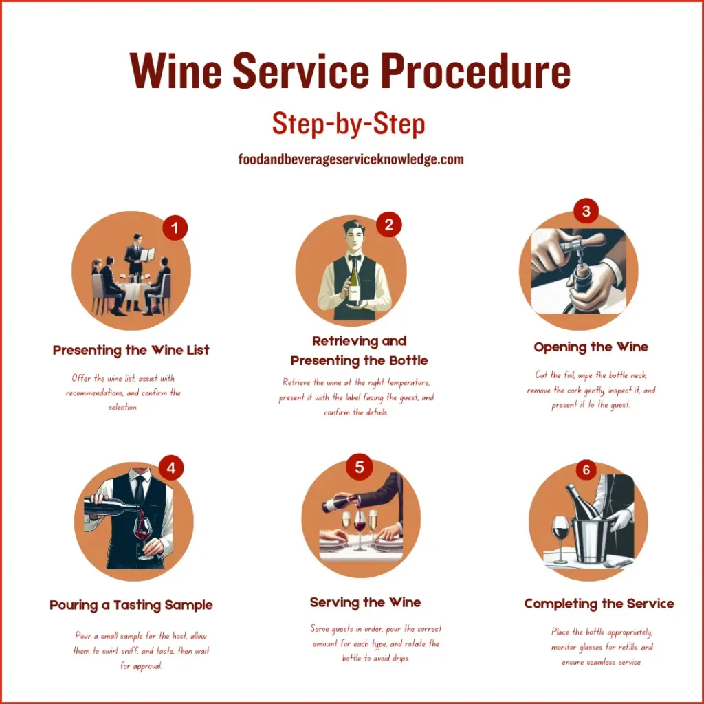 Wine service procedure infographic showing step-by-step wine service in restaurants including wine list presentation, bottle handling, opening, tasting, pouring, and completing the service.
