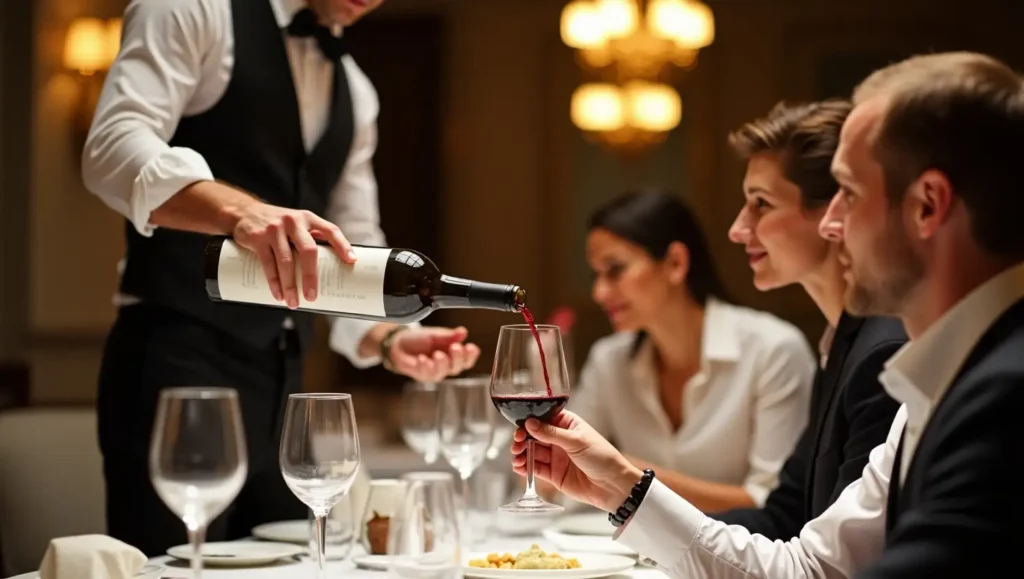 Wine tasting portion being poured for the host to check wine quality.