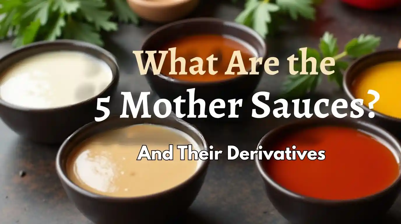 llustration of the 5 mother sauces with their names and derivatives, featuring a kitchen-themed background and article title