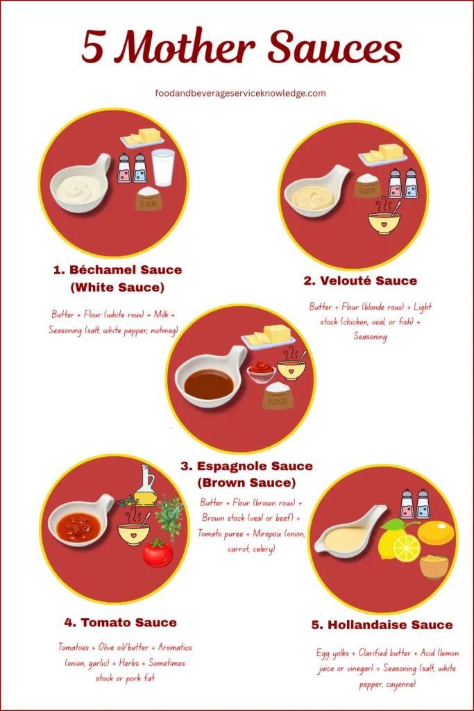 Infographic showing the 5 mother sauces of classic French cuisine with icons of Béchamel, Velouté, Espagnole, Tomato, and Hollandaise sauces along with their key ingredients.